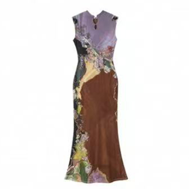 New Chinese-style two-piece contrasting color cheongsam dress for women with printed fishtail vest pic 11