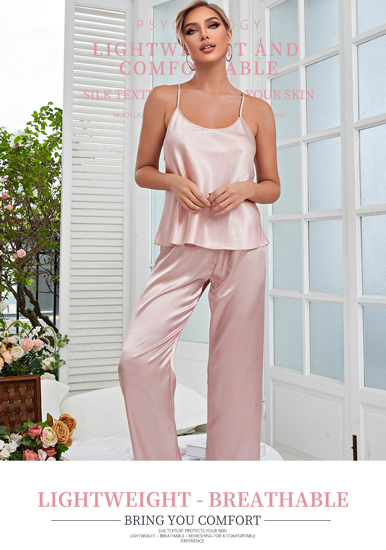 欧美跨境冰丝家居服透气露背吊带裙长裤套装女仿真丝绸睡衣批发详情1
