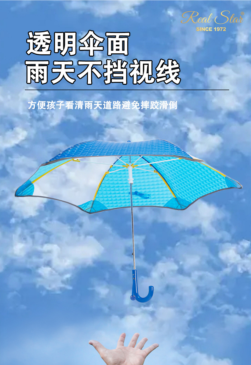 日韩儿童伞透明圆通带反光条雨伞手动推拉黄色伞架3D炫彩图案详情1