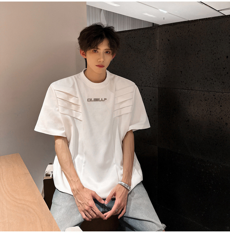 European and American high street original design sense T-shirt for men, multi-layered structure shoulder pad short-sleeved, summer American-style heavy half-sleeved pic 5