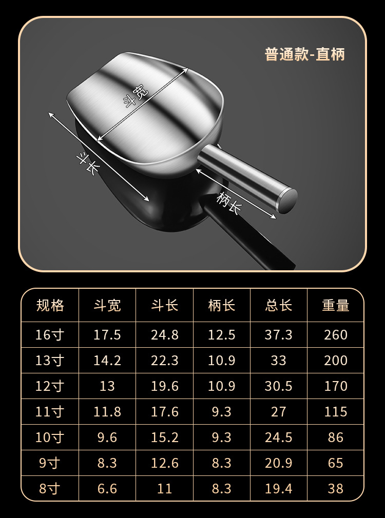 跨境不锈钢冰铲加厚干果五谷杂粮铲面粉铲豆铲冰块勺米铲食品铲子详情21