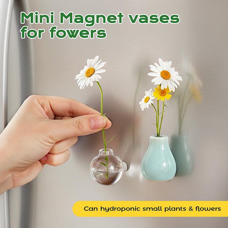 New mini ceramic vase magnet for kitchen, refrigerator, office storage cabinet decoration, cute small plant vase pic 4