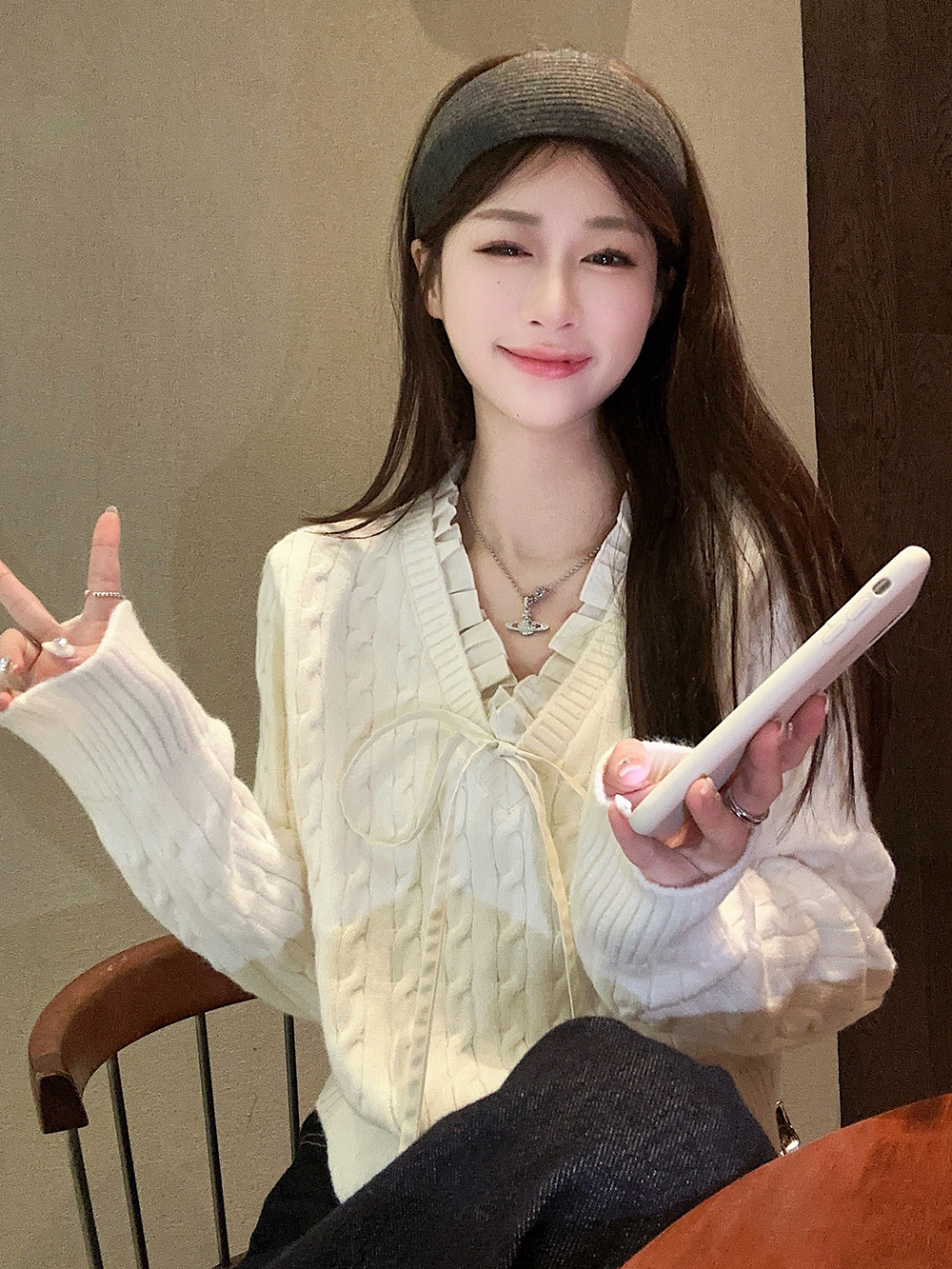 韩系学院风设计感假两件长袖毛衣针织衫女冬季蓝色温柔风修身上衣详情24