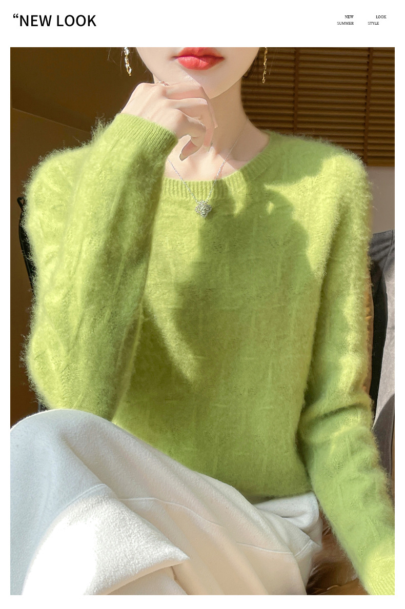 镂空花一线成衣100纯羊毛衫女圆领长袖针织羊绒毛衣宽松软糯打底详情39