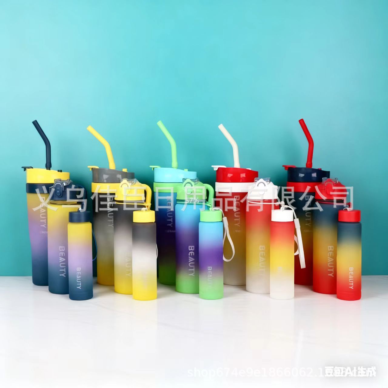 车载巨无霸冰霸杯三件套渐变色塑料杯便携手柄吸管汽车杯外贸爆款详情4