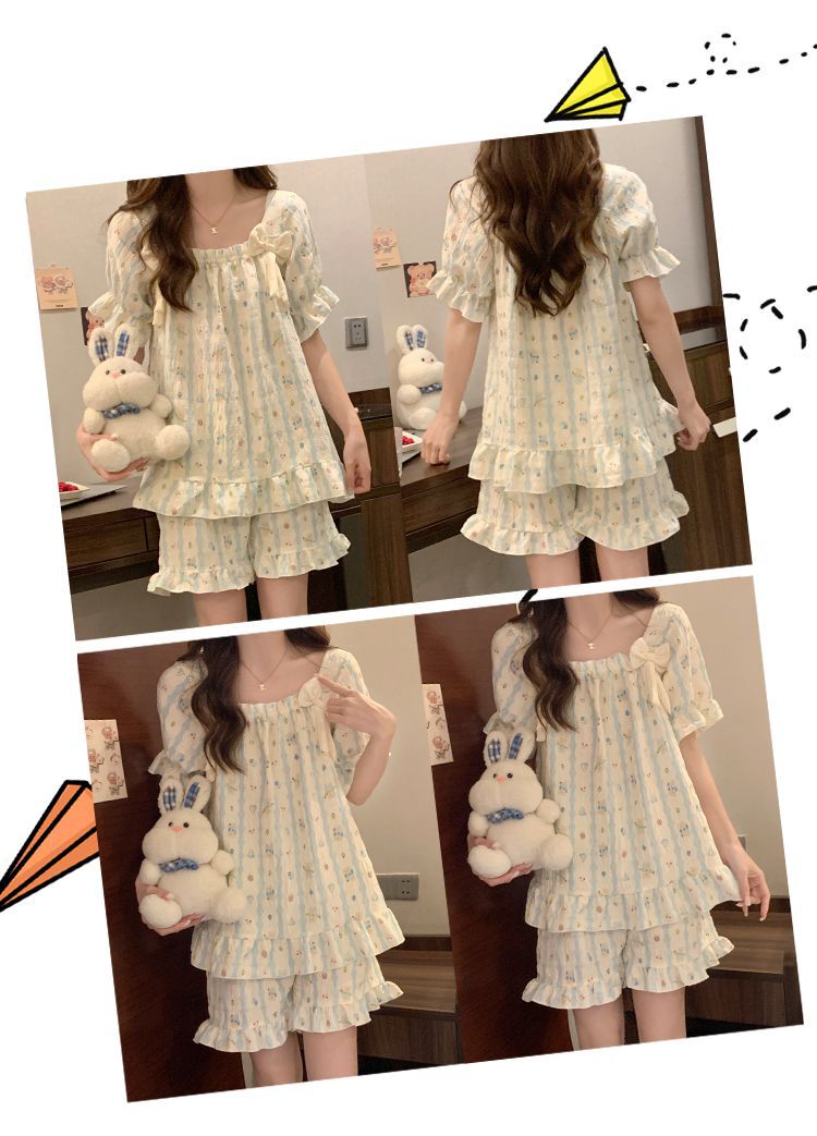 Cloud cotton pajamas for women, summer with chest pads, short sleeves and shorts, Korean sweet princess-style home wear set, can be worn outside pic 6