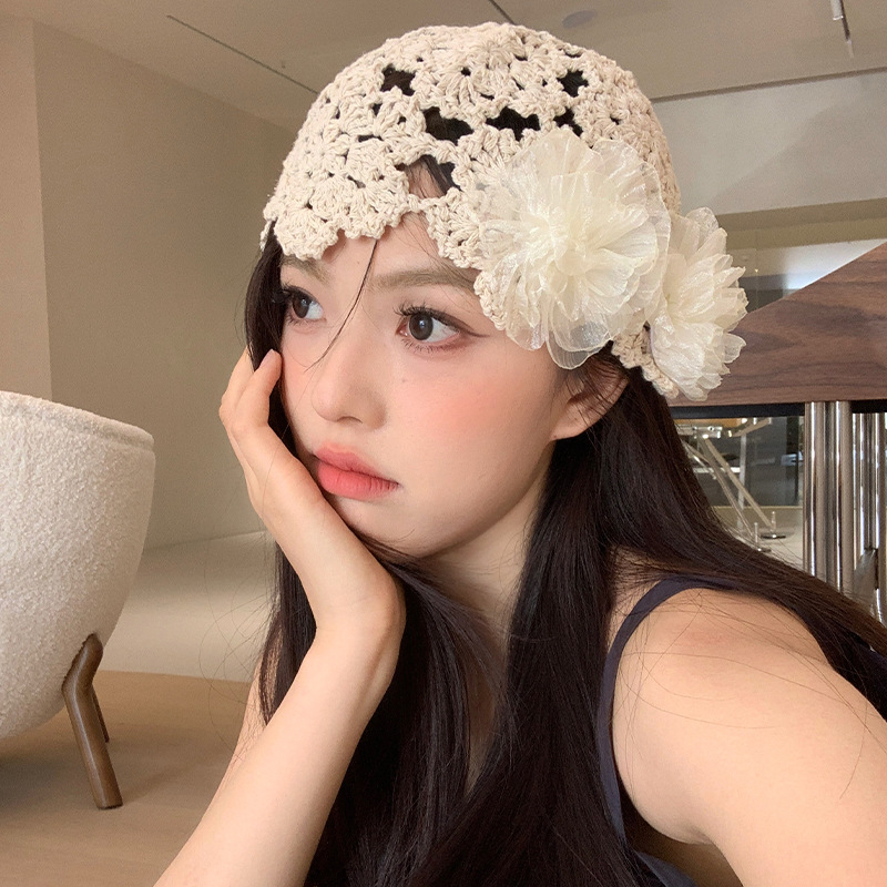 A collection of Japanese-style hand-woven headscarves, thin, hollowed-out woolen hats for women, and retro and artistic knitted hats pic 20