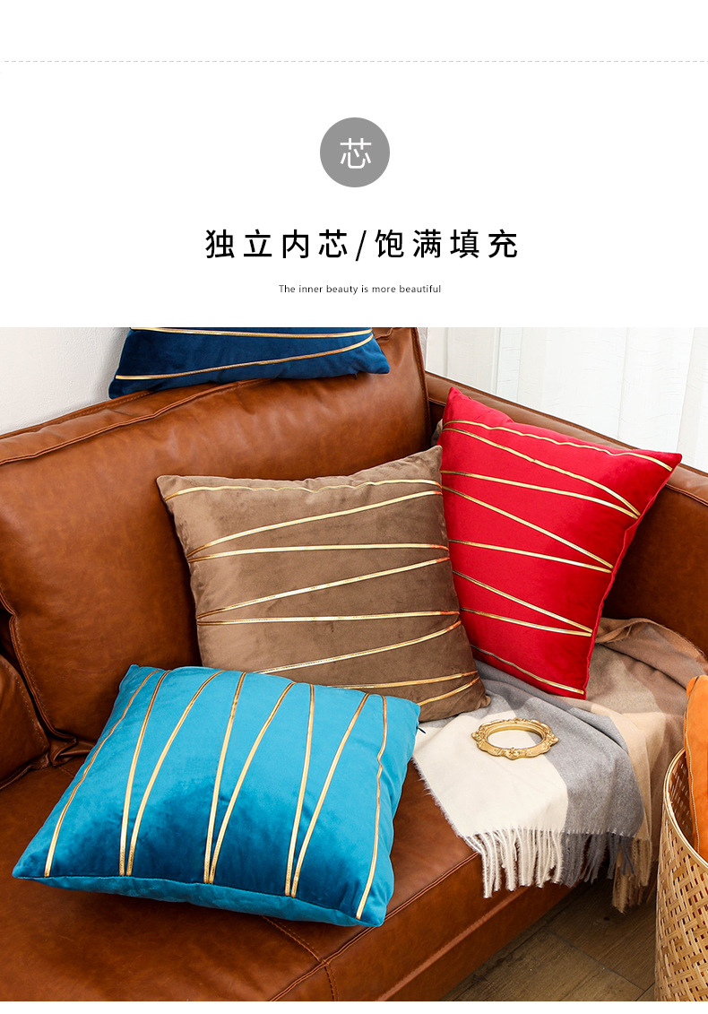 天鹅绒烫金抱枕套欧式古典沙发靠枕简约轻奢条纹图案靠垫办公腰枕详情4