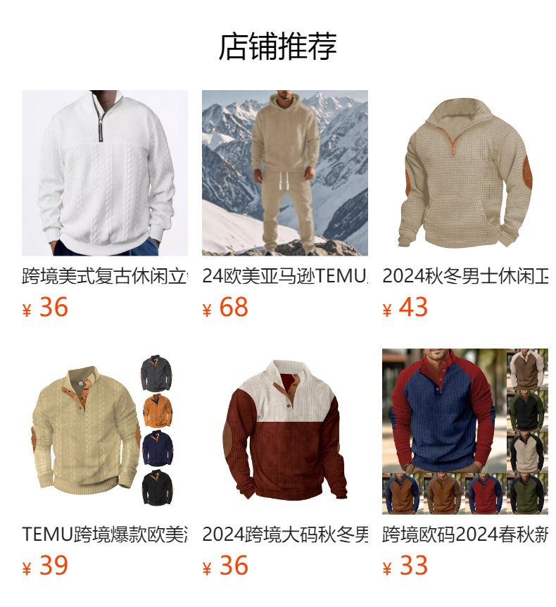 跨境男装亚马逊美式复古重磅秋季卫衣提花长袖翻领半拉链男士上衣详情1