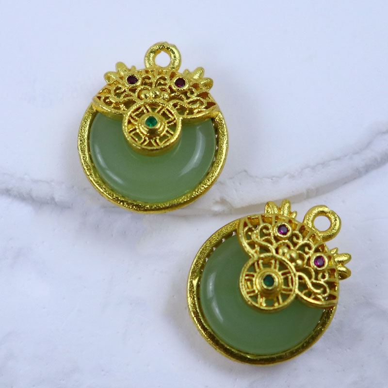 天然保色铜镀金玉石吊坠DIY手工古法镶嵌中国风龙狮挂件配饰项饰吊坠详情6