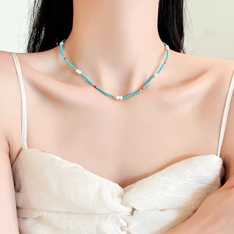 新中式优化绿松石红玛瑙串珠施家珍珠项链小众法式复古轻奢锁骨链详情8