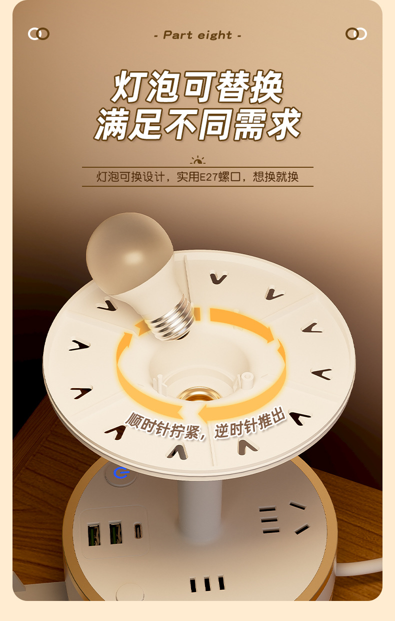 【可更换灯泡】床头灯收纳线带插座一体台灯LED宿舍卧室插电式USB详情10