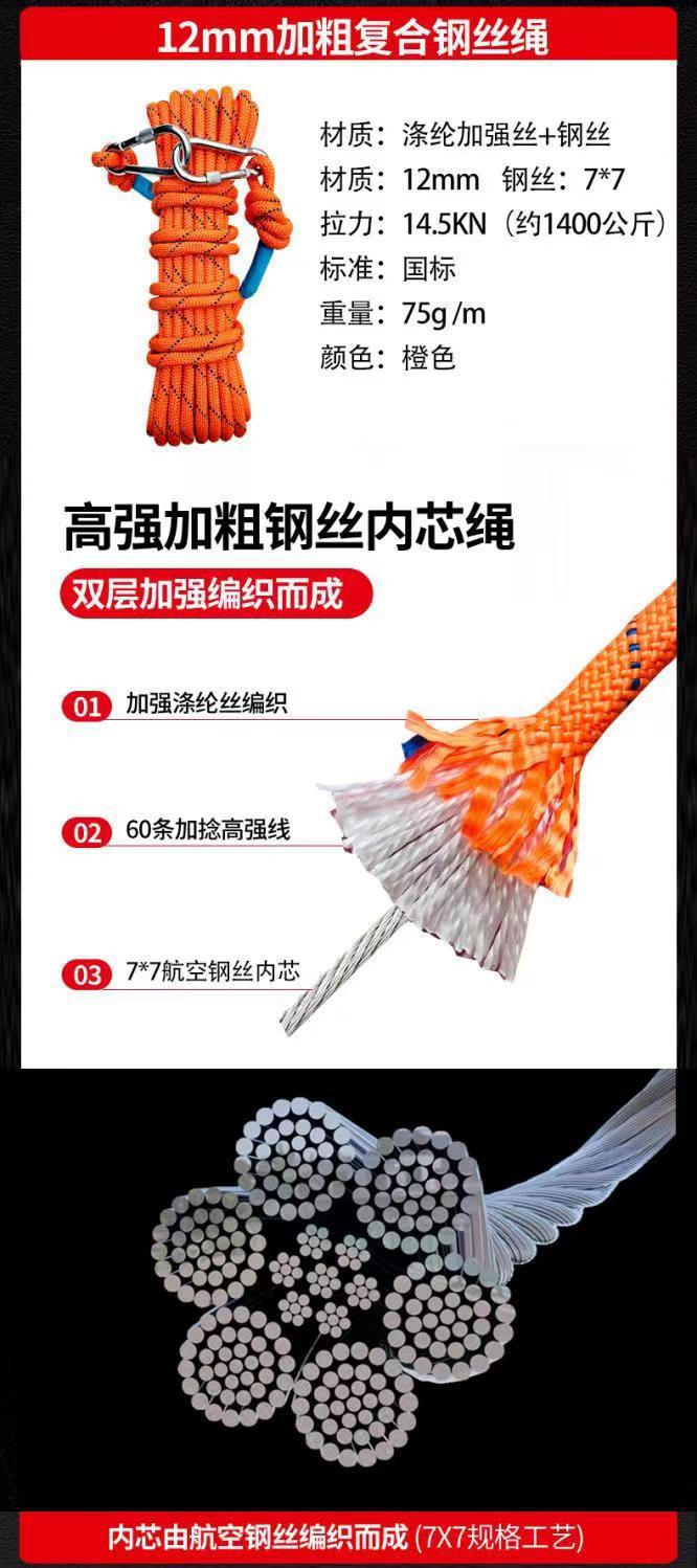 家用高楼应急救生绳套装钢丝芯消防救援绳地震应急安全绳下降神奇详情9
