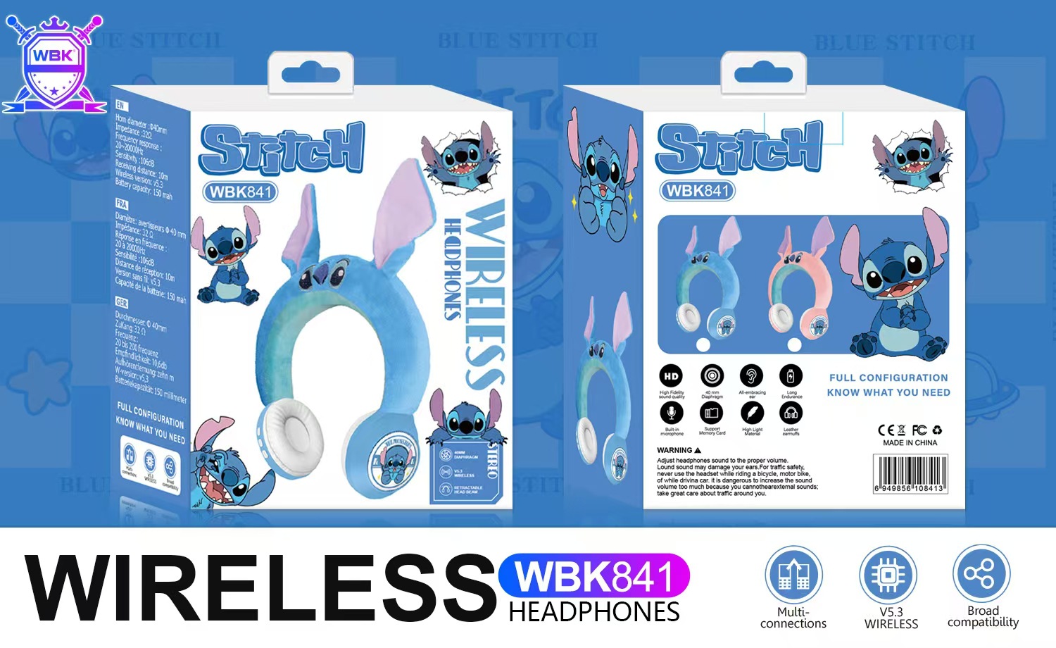 WBK-841新款创意卡通史迪仔毛绒头戴蓝牙耳机礼品无线儿童跨境外详情10