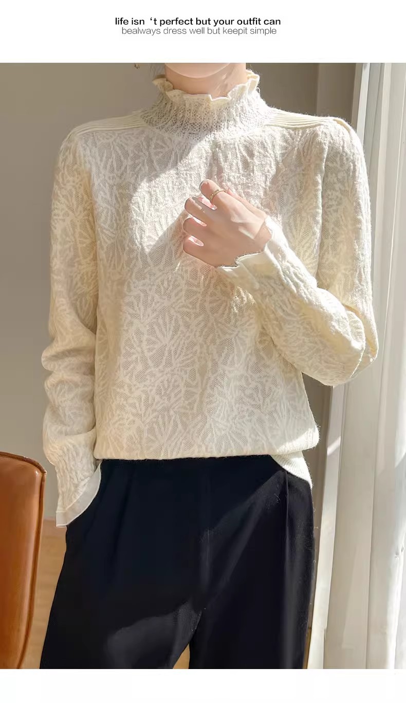 The 2025 autumn/winter new style lace and black ear-trimmed semi-high neck base layer for women is super stylish. Pair it with an A9325 sweater pic 15