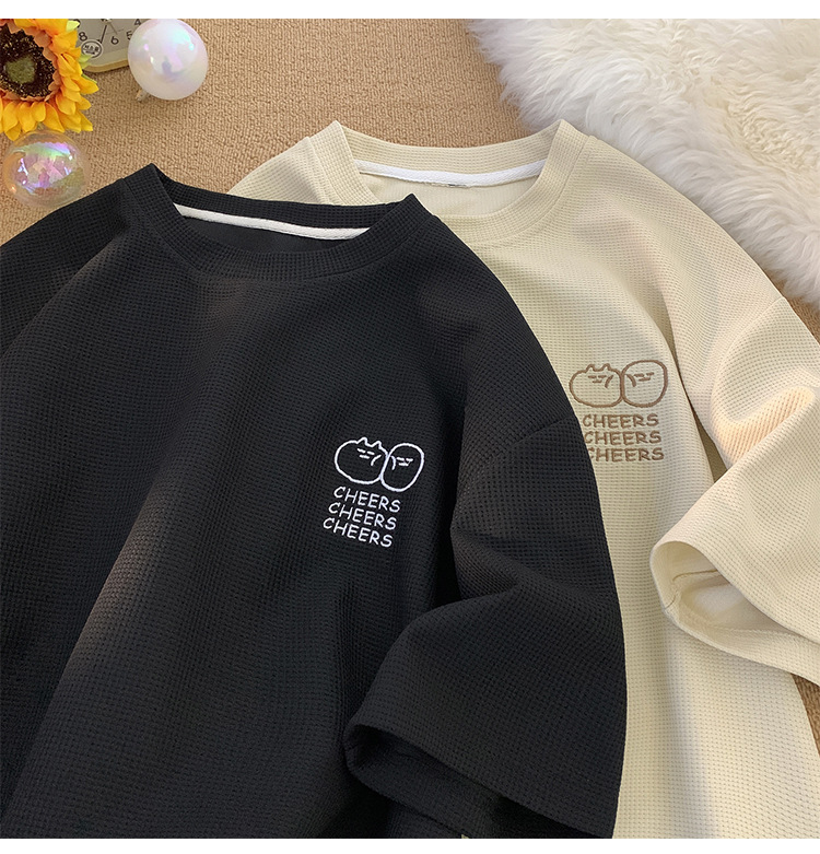 Waffle large-sized short-sleeved T-shirt for men, summer Korean style trendy clothing, printed loose half-sleeved American heavyweight T-shirt pic 16