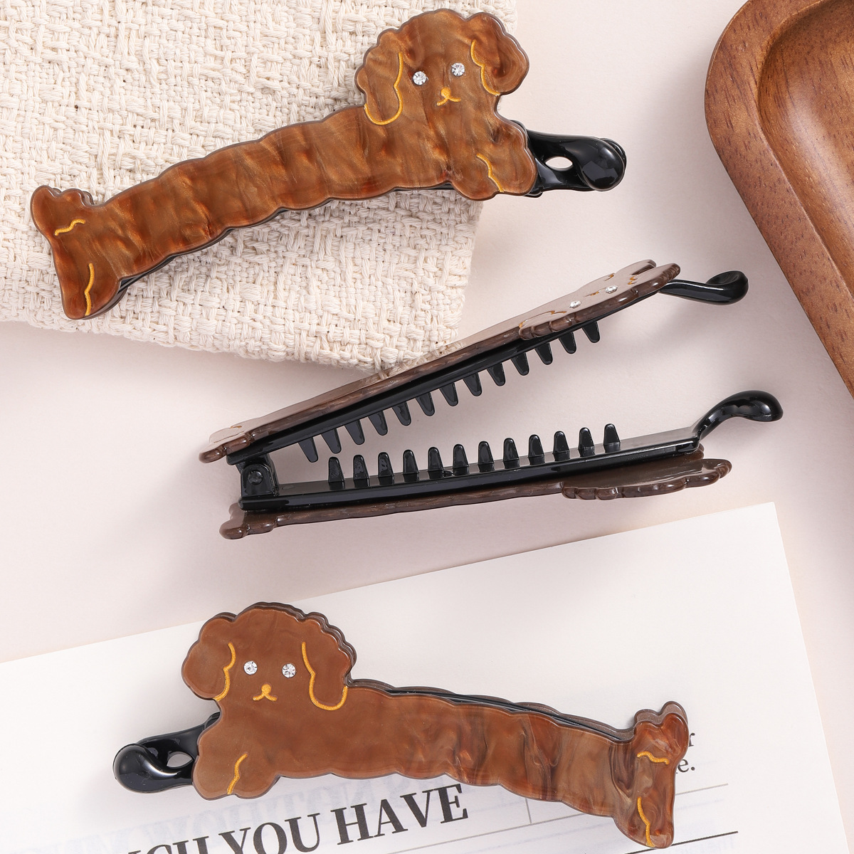 法式新款气质一字夹可爱小狗香蕉夹后脑勺盘发夹少女高马尾扭扭夹详情4