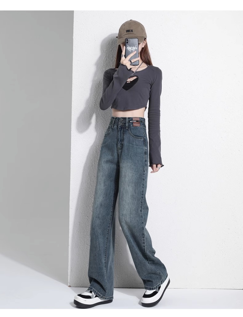 Cement grey narrow wide-leg jeans for women in summer, large size, high waist, loose and slimming, floor-length straight-leg pants for petite ladies pic 19