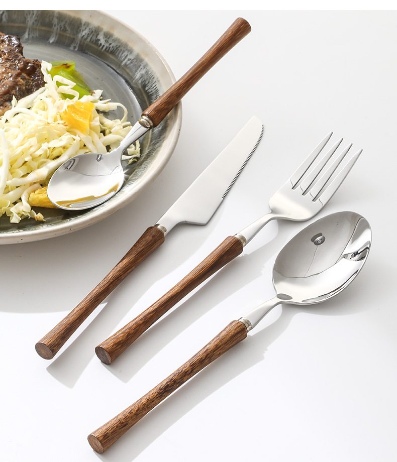 新款304不锈钢小蛮腰西餐牛排刀叉勺新中式实木手柄甜品勺子餐具详情14