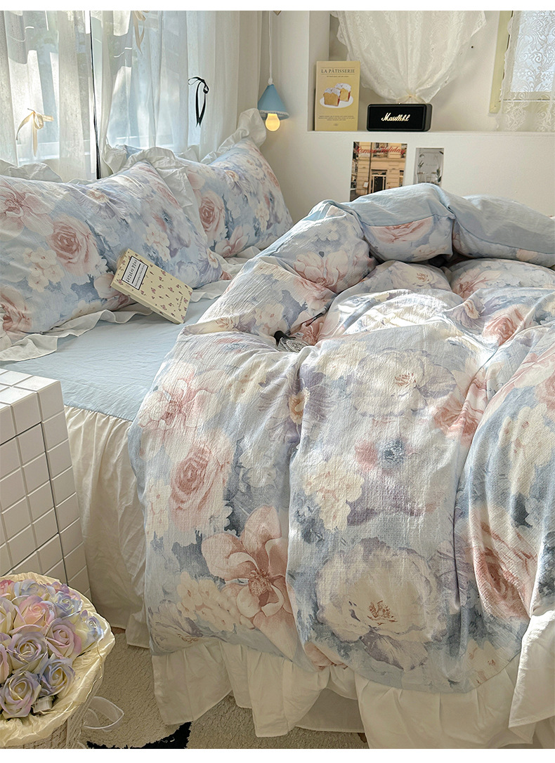 French romantic princess-style lace washed cotton four-piece set, small floral skin-friendly quilt cover, dormitory three-piece set, bed skirt style pic 33