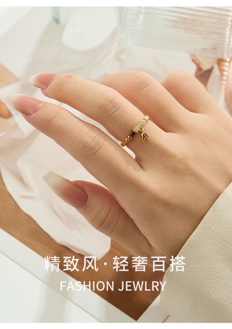 Light luxury Chinese-style bamboo joint open ring, copper alloy micro-inlaid zircon enamel oil drip pendant design, adjustable ring pic 11