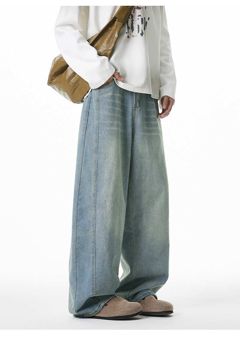 廓形宽松洗水牛仔裤男春夏新款侧边分割设计萝卜裤美式复古长裤子详情10