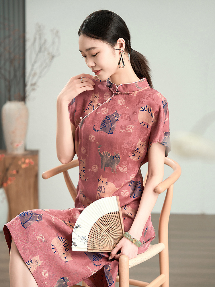 重锻红云纱26姆米真丝旗袍2025新中式100桑蚕丝花罗连衣裙发财喵详情4