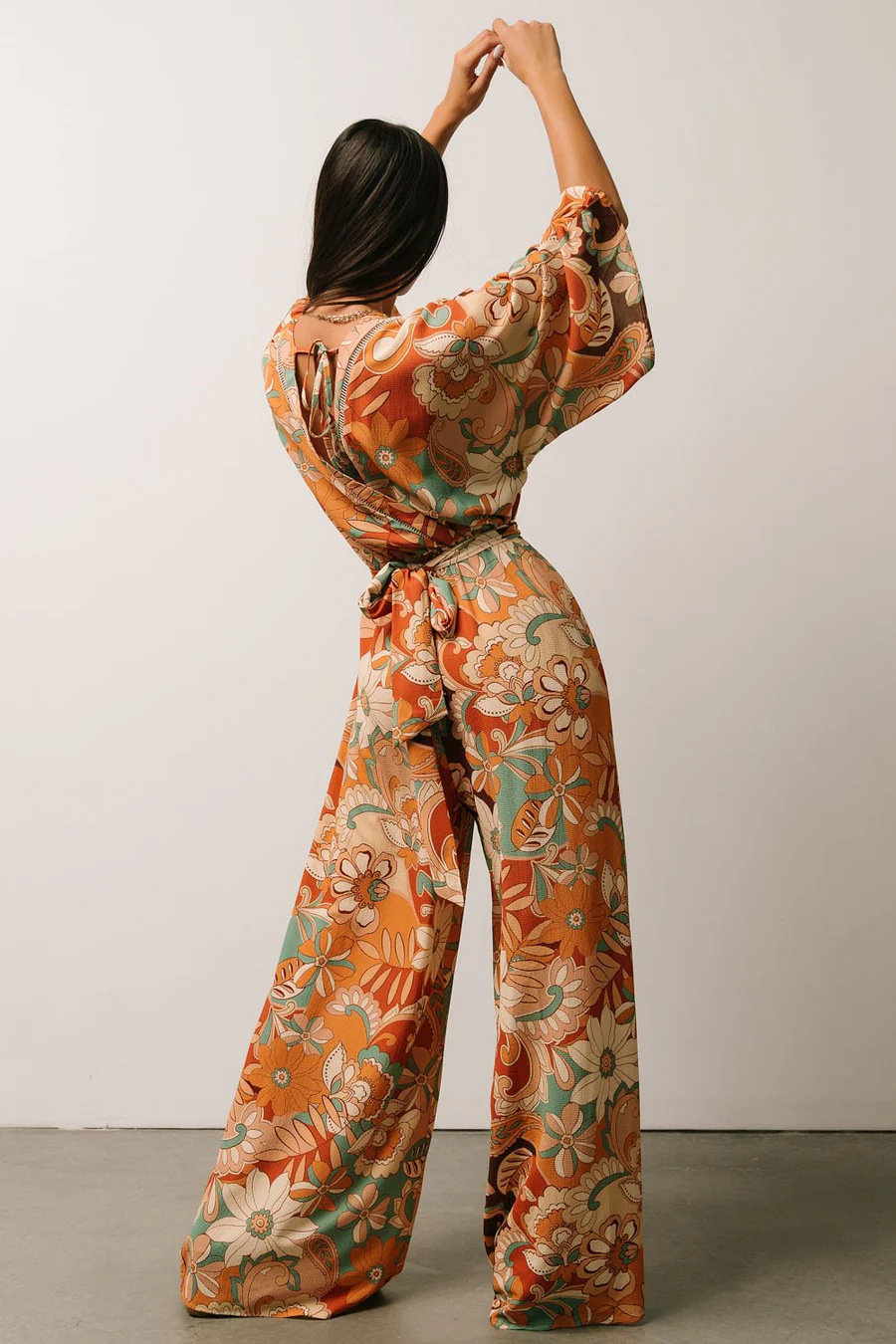 Cross-border independent website Amazon 2024 new European and American casual printed tie V-neck bat-sleeve jumpsuit for women pic 4