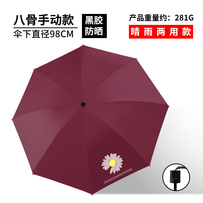 Three-fold small Daisy umbrella factory wholesale black rubber sun protection and UV protection folding umbrella, all-weather and all-weather sunshade umbrella for women pic 10