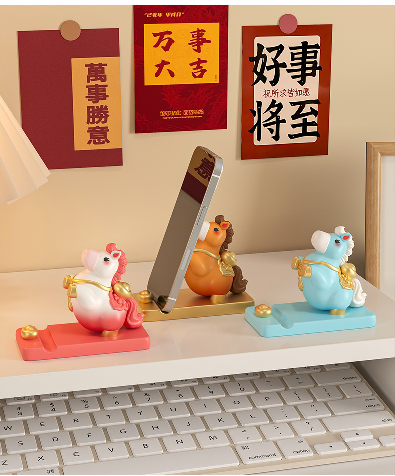 马年生肖手机支架2026马年马上发财桌面办公室吉祥物装饰品生肖马摆件树脂手机支架详情15
