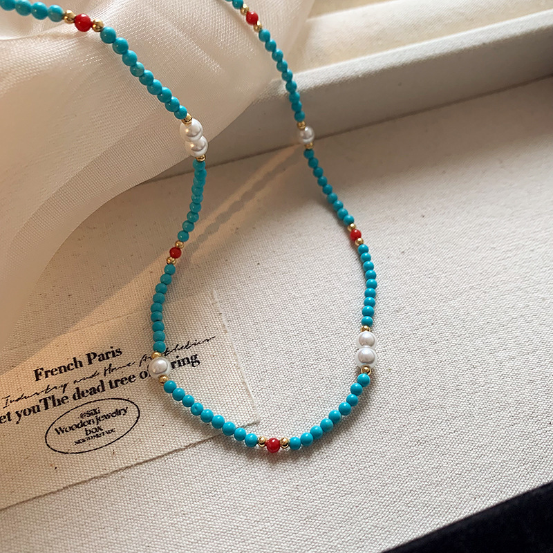 新中式优化绿松石红玛瑙串珠施家珍珠项链小众法式复古轻奢锁骨链详情2