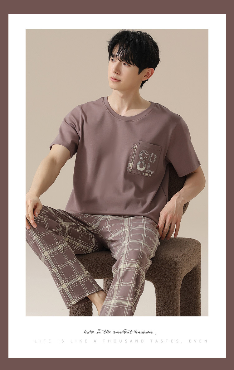 Summer pure cotton pajamas for men, cartoon casual short-sleeved shirts and long pants, pure cotton comfortable home wear, summer youth student set pic 32