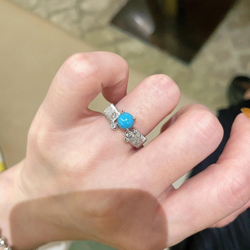 Retro new Chinese-style brushed four-prong turquoise ring, hand-brushed satin design, small and exquisite traditional Chinese style ring pic 2