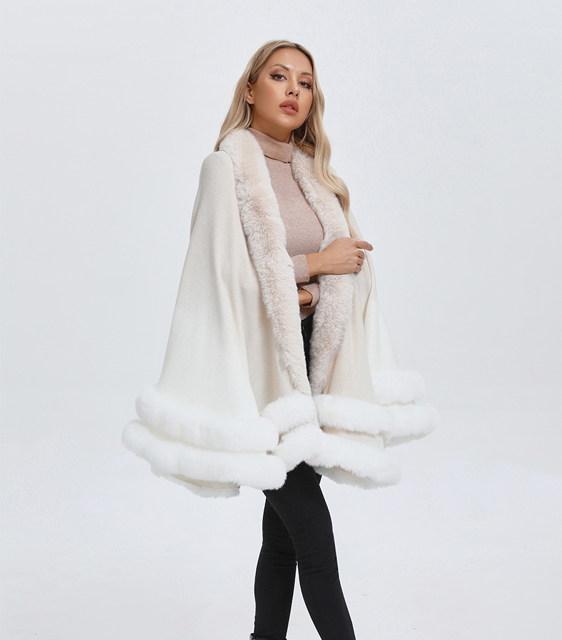 厂家定制 外贸亚马逊双层毛领斗篷披肩仿狐狸毛毛领披风加工开衫详情10