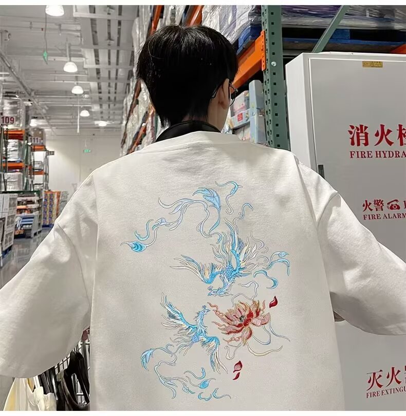 国潮中国风衣服白色纯棉短袖t恤男宽松大码凤凰潮牌重磅半袖夏季详情21