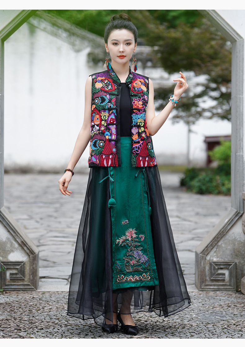Ethnic style, new Chinese-style national trend, Tencel elastic waist, large swing skirt, long skirt, embroidered flower horse face skirt, A-line skirt pic 12
