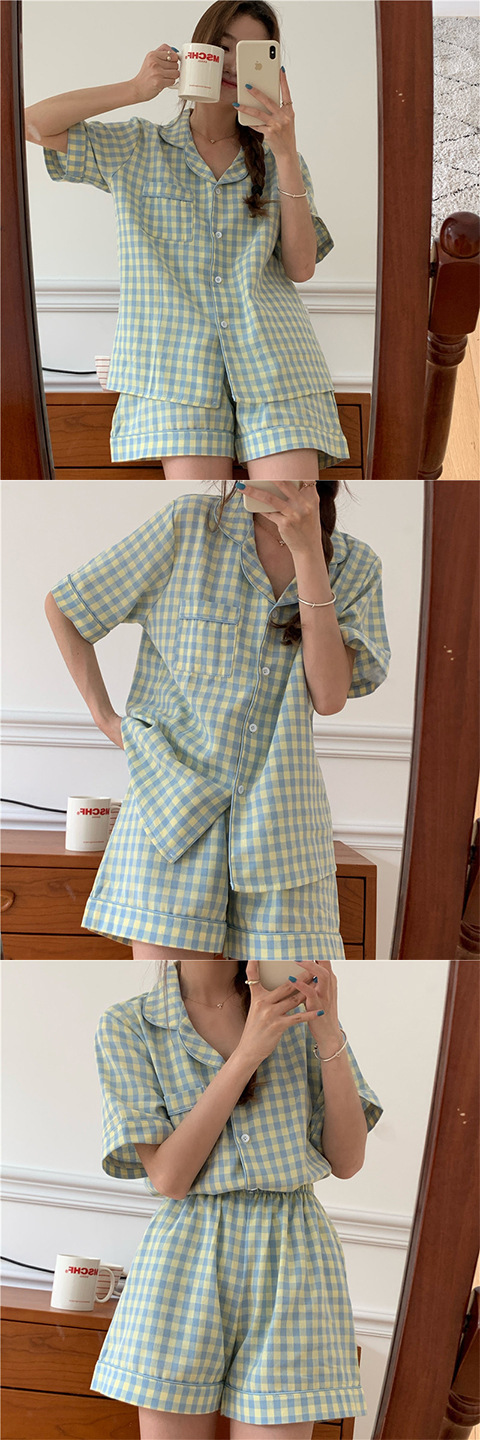 ins Fresh pajama women Summer short sleeves and shorts Korean cardigan plus-size Korean Japanese-style home wear two-piece set pic 17
