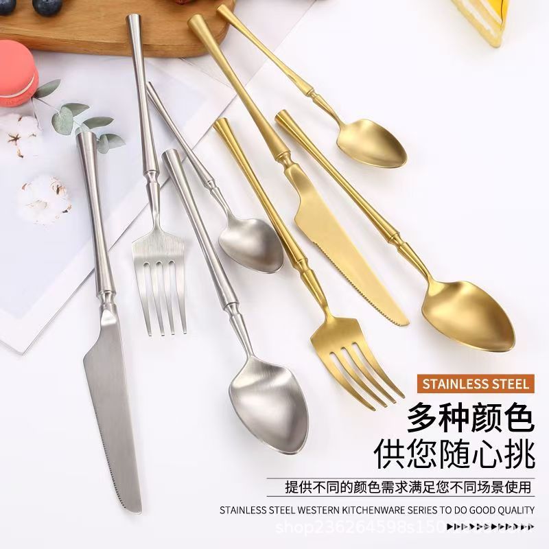 跨境304小蛮腰餐具金色加厚哑光批发酒店牛排西餐厅不锈钢刀叉勺详情11