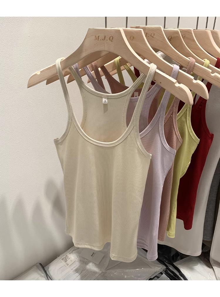 一件代发甜辣U领红色吊带女春夏修身螺纹内搭上衣美式细肩带背心详情8