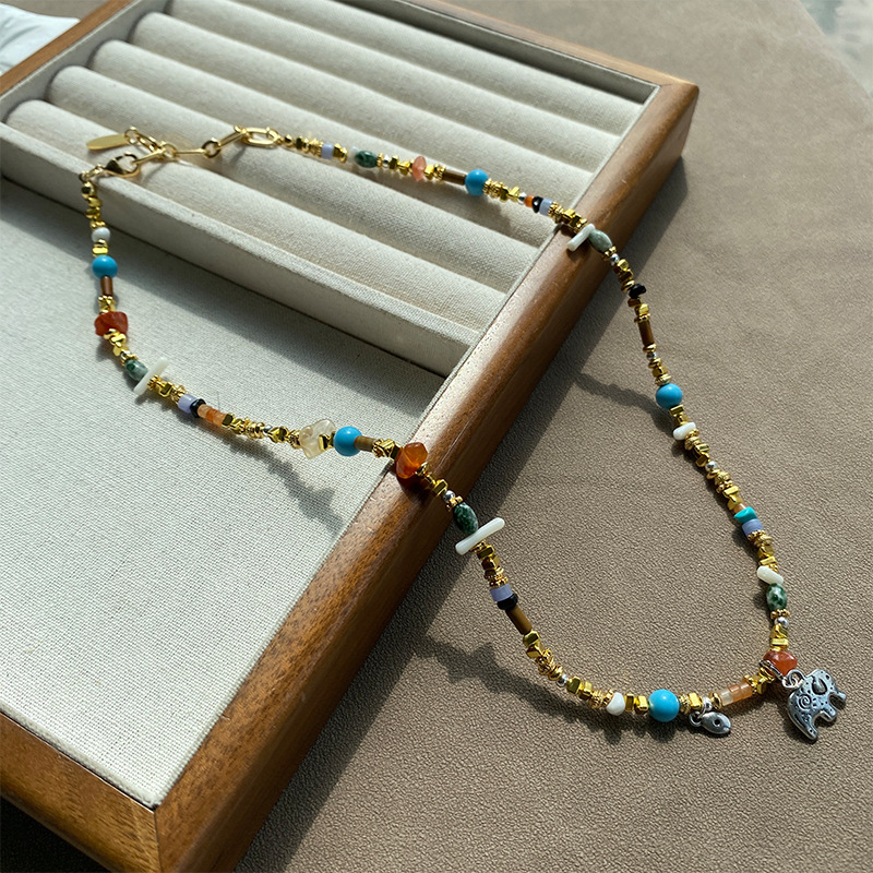 天然石混石小象项链女小众时尚高级感彩色串珠银色大象吊坠锁骨链详情9