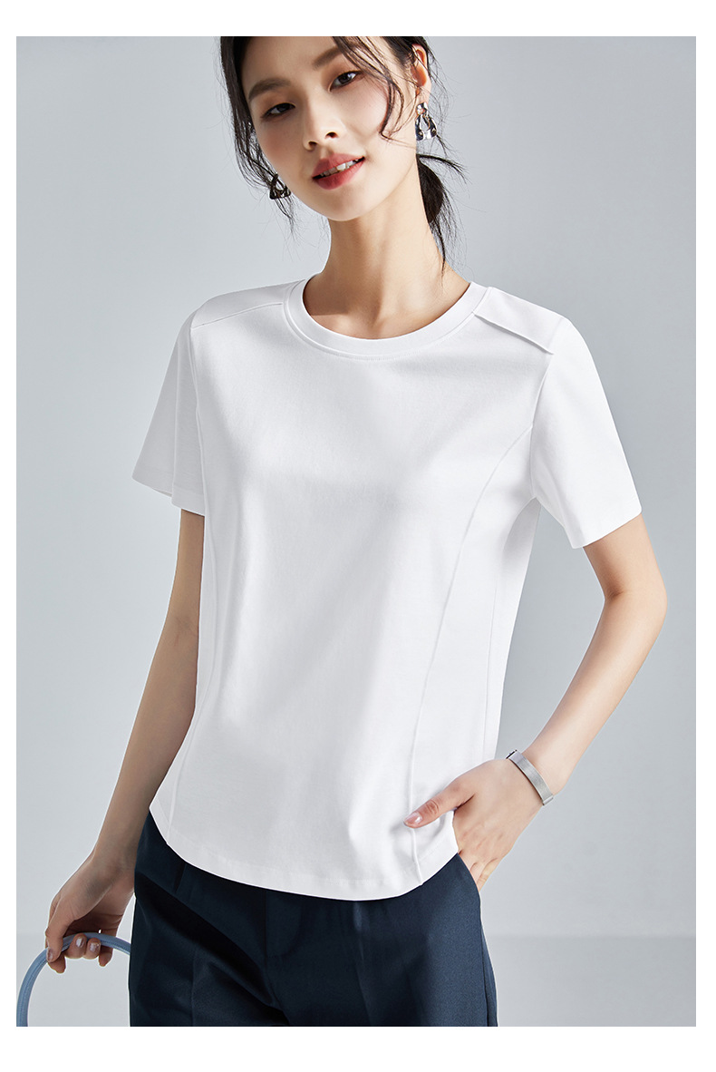 The same style of white short-sleeved off-the-shoulder T-shirt for women in the mall, 25 summer mercerized cotton round-neck base layer T-shirt, half-sleeved pic 27