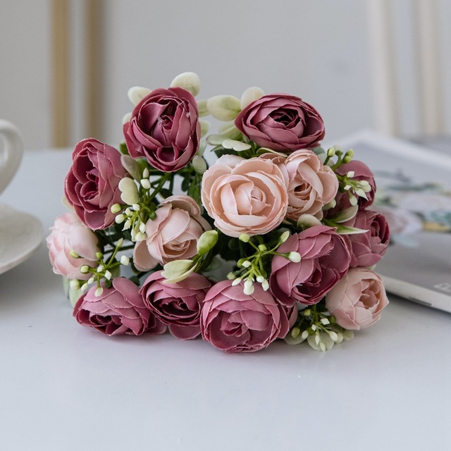 仿真5叉玫瑰小茶苞花束婚庆手捧花假花简约家居客厅餐桌摆设花艺详情9