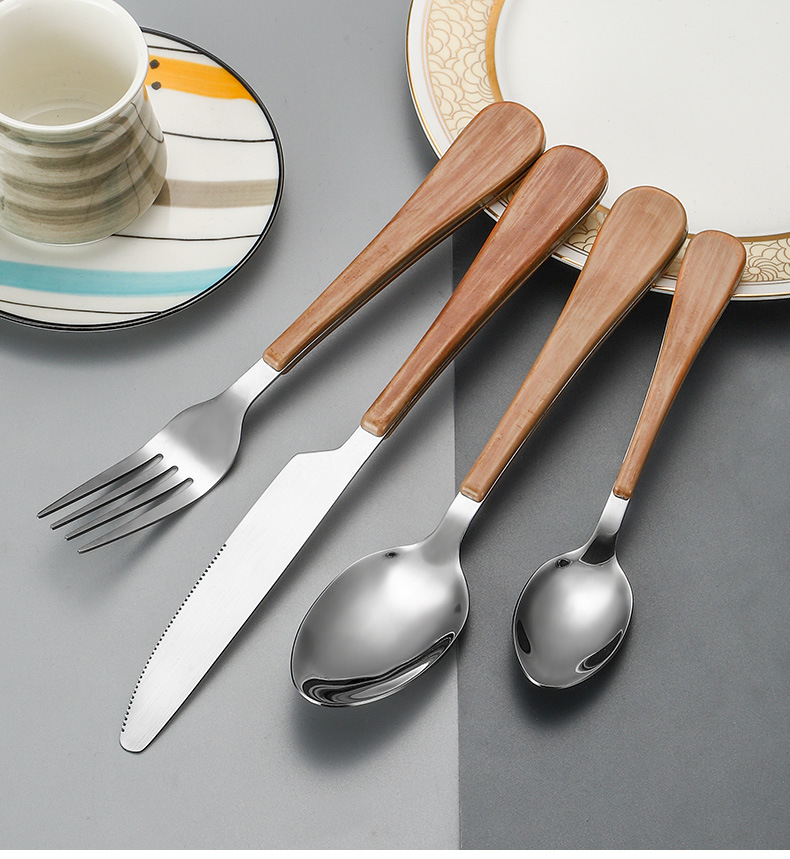 Cross-border Amazon 1010 Stainless Steel Tableware Set for knives, forks and spoons, Creative wood grain handle Western cuisine knives and forks 4-piece set pic 11