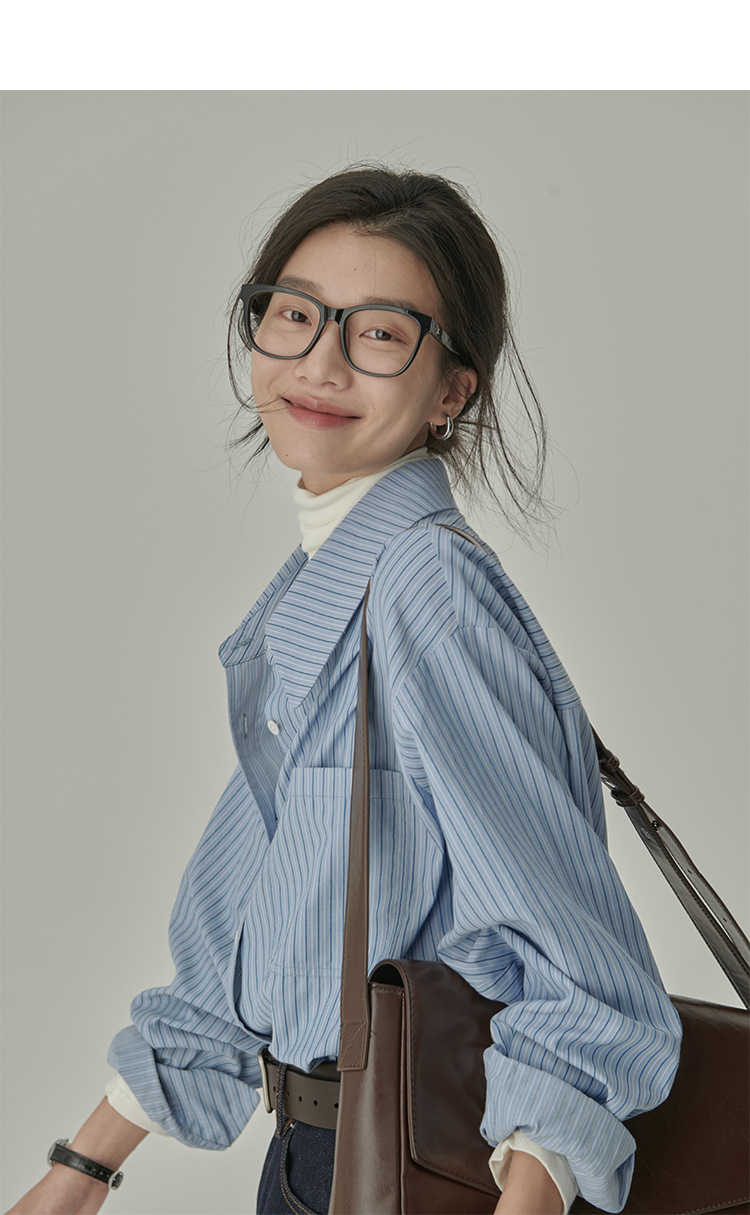 春秋季新款复古港风蓝色条纹衬衫女宽松显瘦通勤叠穿设计感衬衣潮详情5