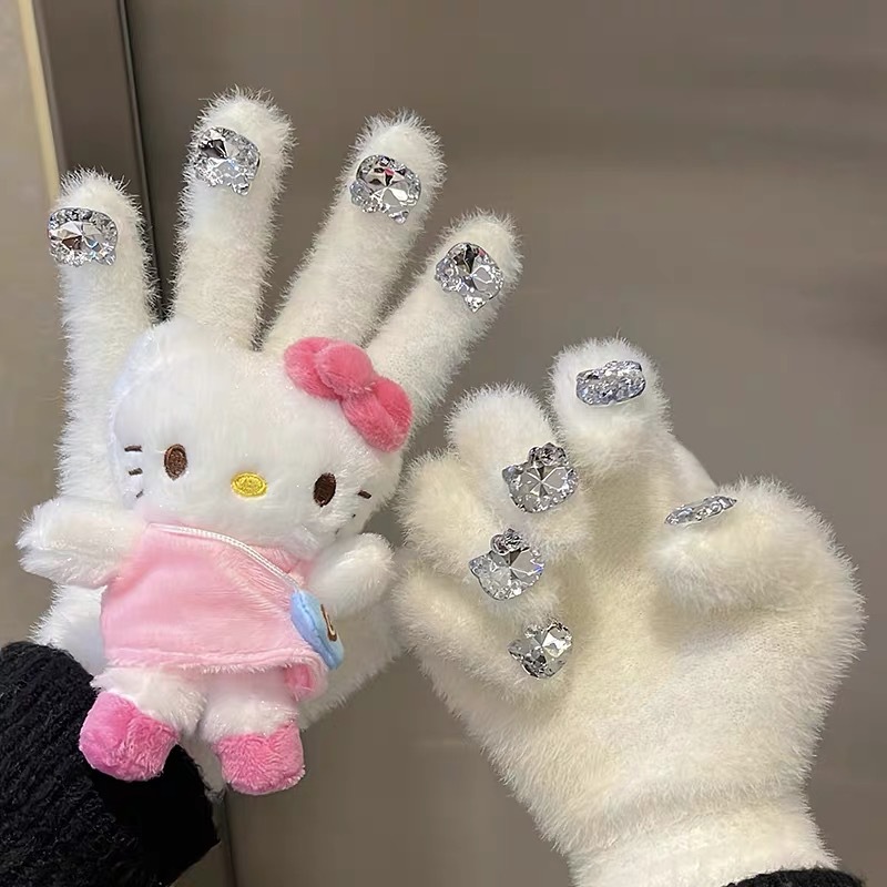 HelloKitty water diamond cute plush gloves for autumn and winter, Kitty Cat doll, warm knitted five-fingered gloves for girls pic 6