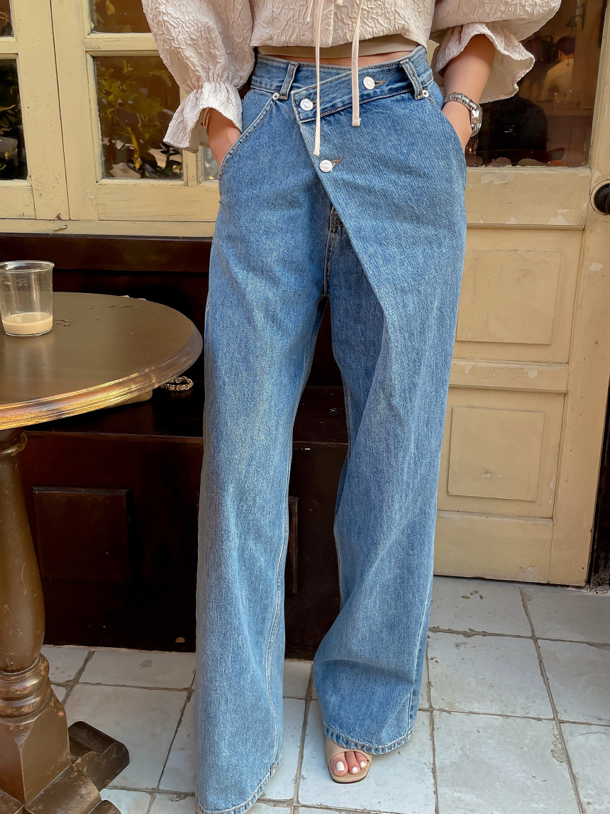 韩国chic春季复古小众高腰百搭不规则斜扣设计感阔腿牛仔裤长裤女详情6