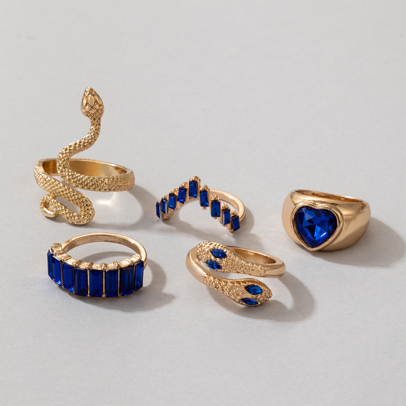 欧美流行饰品戒指手饰 蛇形爱心仿绿宝石镶钻ins风五件套戒指女详情10