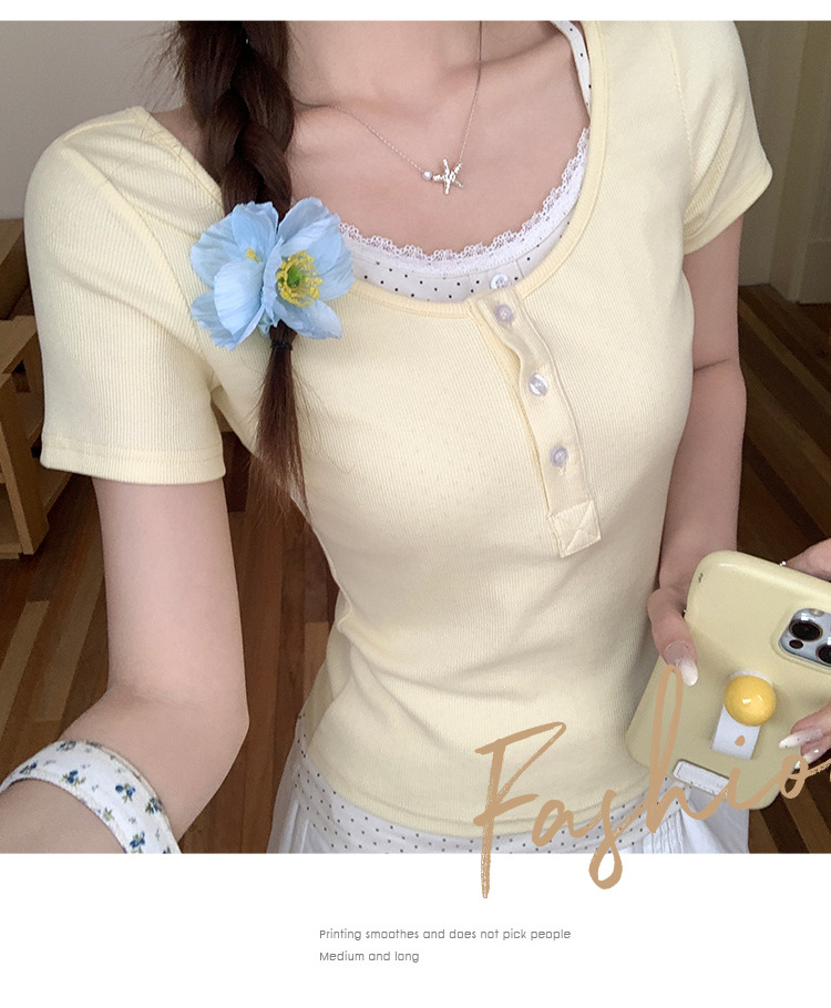 奶黄色假两件碎花短袖t恤女装2025夏季新款甜美气质修身显瘦上衣详情10
