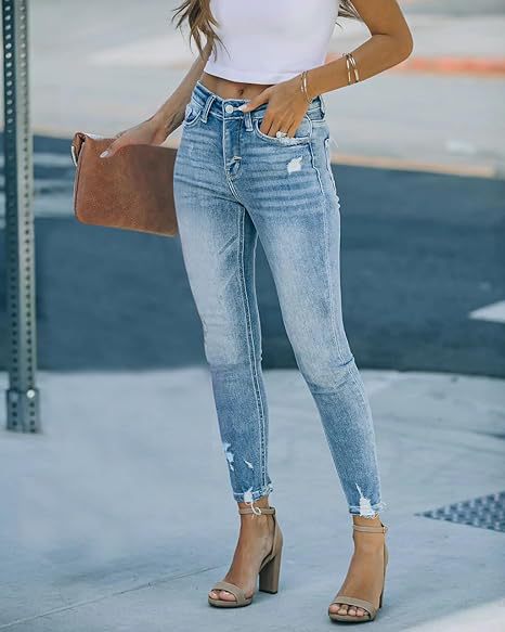 Factory direct sales of cross-border 2025 European and American new style stretch jeans for women, long ripped mid-waist and small-leg pants for women pic 6