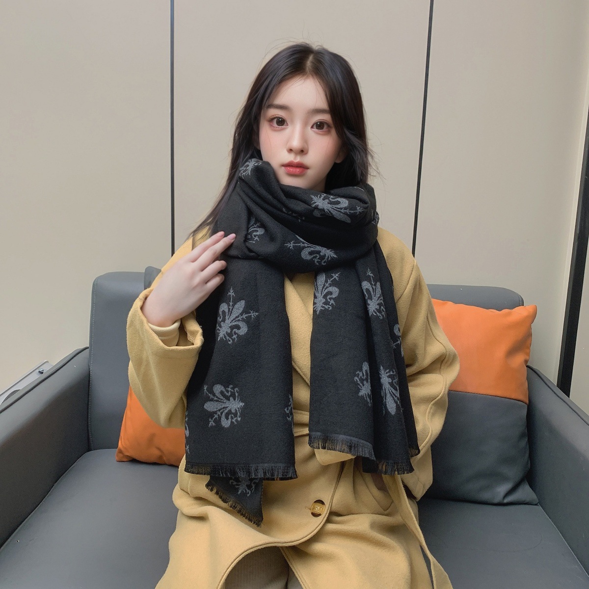围巾女冬季欧美风格佛罗伦萨鸢尾花披肩加厚百搭双面保暖围脖保暖详情16